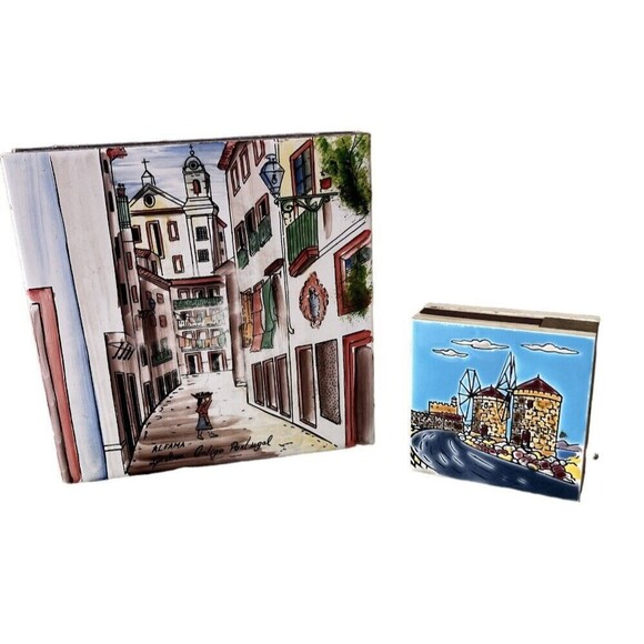 Vintage Match Holders 2 Ceramic Porcelain Hand Painted Tile Tops‎ - Picture 1 of 16